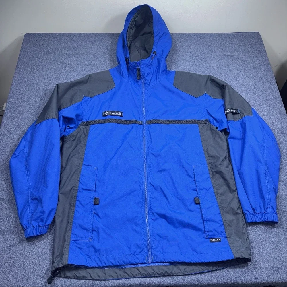 Columbia Jacket Mens M Blue Hooded Waterproof Full Zip Nylon Shell Watertight
